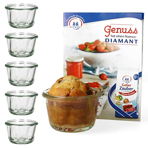 MamboCat 6er Set Weck Gugelhupf-Glas 165 ml I Weck-Gläser ohne Deckel zum Backen im Glas I Original Weck Gugelhupfform Glas I Einweckgläser Set inkl. Diamant-Zucker Gelierzauber Rezeptheft von MamboCat