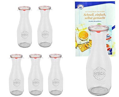 MamboCat 6er Set Weckgläser 1062 ml Saftflaschen mit Deckel Einkochring Klammern I Original Weck Glasflasche Einweckflaschen für Säfte Saucen Öle UVM I inkl. Diamant-Zucker Gelierzauber Rezeptheft von MamboCat