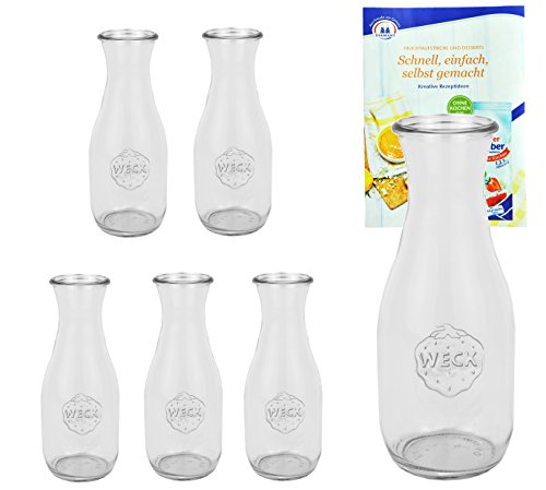 MamboCat 6er Set Weckgläser Saftflaschen 1062 ml I Original Weck Glasflasche I Einweckflaschen für Säfte Saucen Öle UVM I Weck Flaschen ohne Deckel inkl. Diamant-Zucker Gelierzauber Rezeptheft von MamboCat