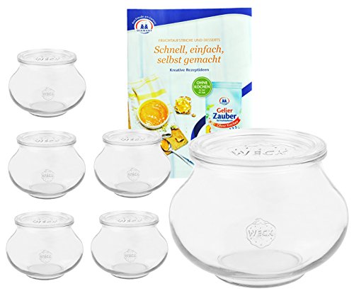 MamboCat 6er Set Weckgläser Weck Schmuckglas mit Deckel 220 ml I Original Weck Einmachglas Bauchig I Einweckgläser für Obst Gemüse uvm I Weck Gläser inkl. Diamant-Zucker Gelierzauber Rezeptheft von MamboCat