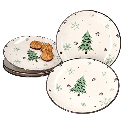 MamboCat 6er Set Weihnachtsbaum Kuchenteller I 6 Personen I Gebäckteller für Weihnachten mit Tannenbäumen & Schneeflocken I Plätzchen, Kekse I Christmas-Frühstücks- oder Dessertteller flach I Steingut von MamboCat