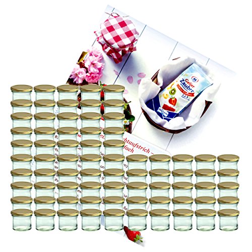 MamboCat 75er Set Sturzglas 125 ml Marmeladenglas Einmachglas Einweckglas to 66 Goldener Deckel incl. Diamant-Zucker Gelierzauber Rezeptheft von MamboCat
