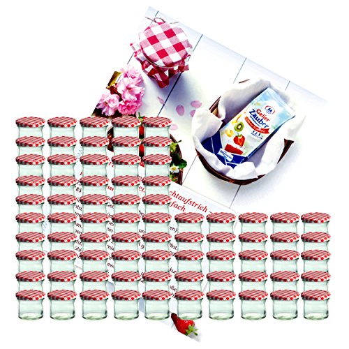 MamboCat 75er Set Sturzglas 125 ml Marmeladenglas Einmachglas Einweckglas To 66 rot karierter Deckel incl. Diamant-Zucker Gelierzauber Rezeptheft von MamboCat