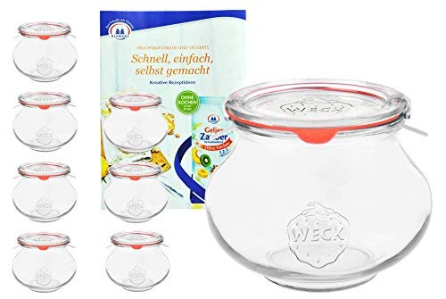 MamboCat 8er Set Weckgläser 1062 ml Schmuckglas mit Deckel Einkochring Klammern I Original Weck Einmachglas Bauchig I Einweckgläser für Obst Gemüse uvm inkl. Diamant-Zucker Gelierzauber Rezeptheft von MamboCat