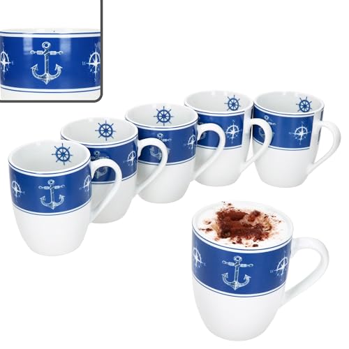 MamboCat AHOI 6er Set Kaffeebecher I 280 ml I blau-weiße Porzellan-Becher mit Henkel & nautischen Motiven für 6 Personen I Tassen für Heißgetränke wie Tee, Kakao & Co von MamboCat