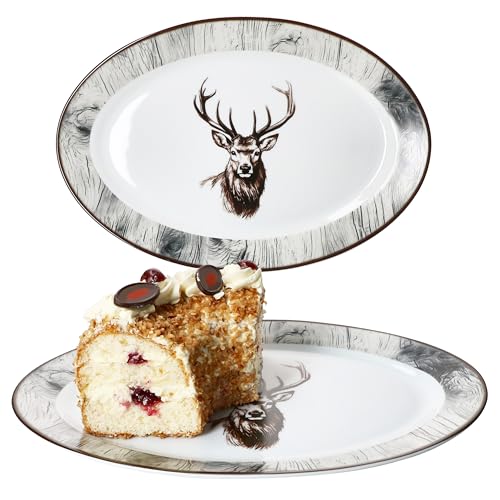 MamboCat Alois 2er Set Servierplatte oval I (LxB) 35,5x24,3cm | länglicher Teller aus Porzellan mit Hirsch-Dekor & Holz-Optik I für Sushi, Antipasti, Tapas & Co. I Vorspeisenplatte von MamboCat