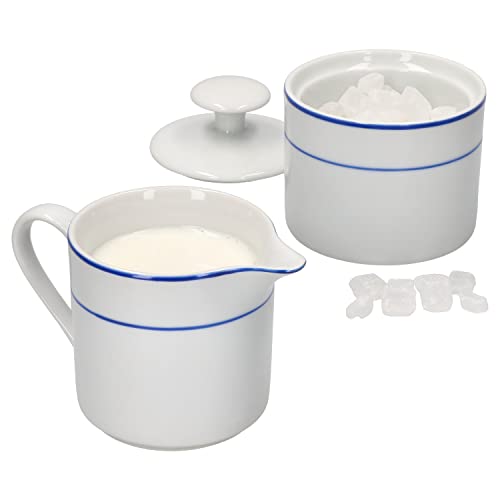 MamboCat Basic Blue Snap 2tlg. Set Milchkännchen & Zuckerdose I aus weißem Porzellan mit blauen Linien I Sahne-Kanne, Gießer für Kondensmilch, Dose mit Deckel für Würfelzucker, Kaffee-Gedeck, Zubehör von MamboCat