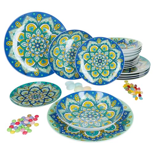 MamboCat Bayram Türkis Blau 18tlg Tellerset Steingut-Geschirr mit orientalischem Mandala-Muster für 6 Personen I 6x Essteller, 6x Teller tief 400ml & 6x Kuchenteller in Blau, Grün & Türkis von MamboCat