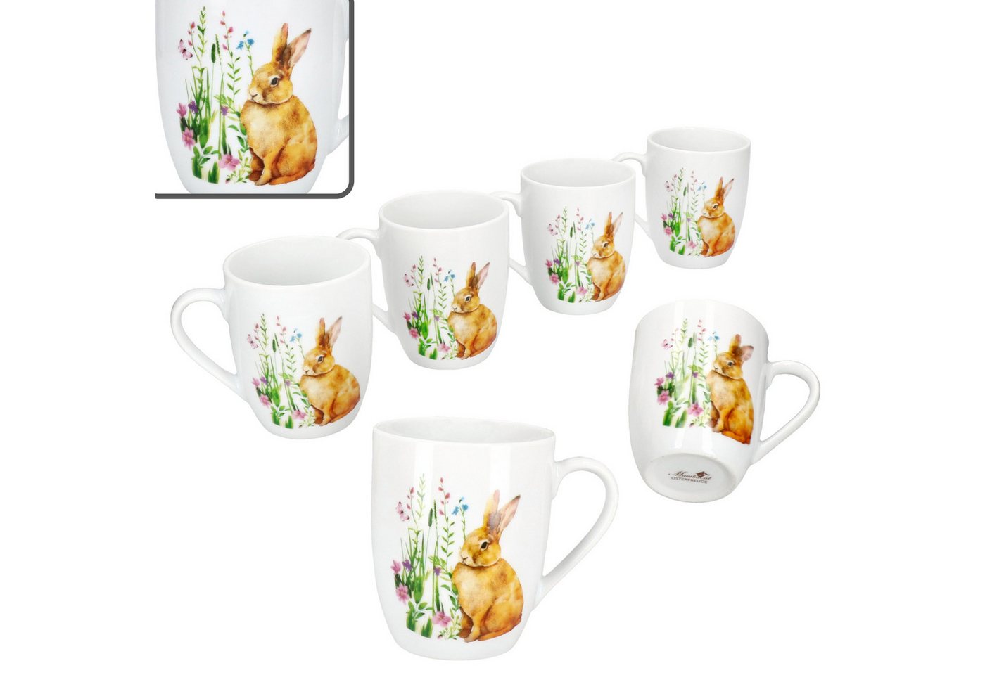 MamboCat Becher 6x Osterfreude Kaffeebecher 280ml Porzellan-Tassen 6 Pers Blumen Hase, Porzellan von MamboCat