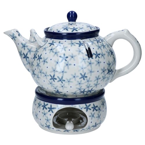 MamboCat Bunzlau Castle Sea Star Teekanne 1,8L mit Stövchen & Teelichtlöffel I cremefarbene Keramik-Kanne mit Griff & Deckel mit blauem Dekor I Ideal für losen & Beuteltee von MamboCat