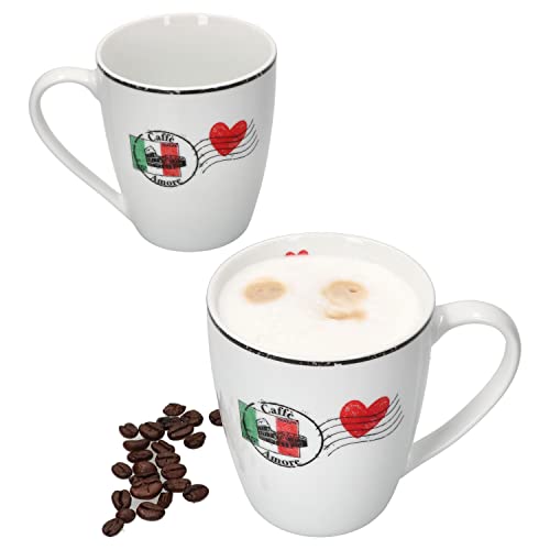 MamboCat Caffee Amore 2er Set Kaffeebecher mit Henkel I 300 ml I 2 Personen I Porzellan-Tassen für Heißgetränke wie Tee, Kakao, Kaffee & Co. I Herz-Dekor + italienische Flagge von MamboCat