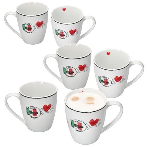 MamboCat Caffee Amore 6er Set Kaffeebecher mit Henkel I 300 ml I 6 Personen I Porzellan-Tassen für Heißgetränke wie Tee, Kakao, Kaffee & Co. I Herz-Dekor + italienische Flagge von MamboCat