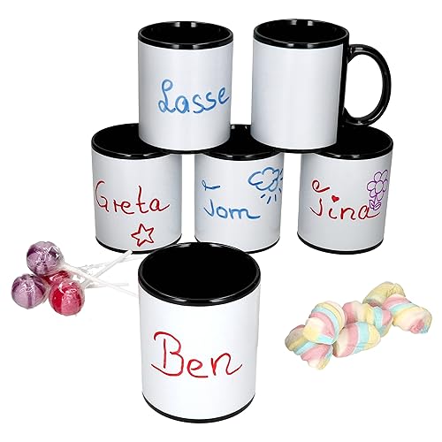 MamboCat Carina 6er Set Mehrwegbecher schwarz I 300 ml I zum Beschriften & Bemalen I Porzellan-Kaffeebecher mit Henkel für 6 Personen I Tassen für Heißgetränke wie Tee, Kakao & Co von MamboCat