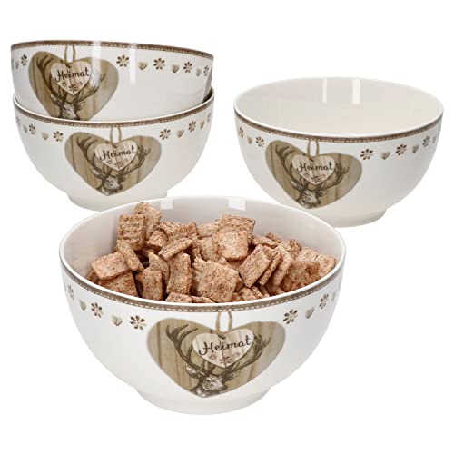 MamboCat Country Heart 4er Set Müslischalen I 550 ml I 4 Personen I Ø 15 cm I Porzellan-Schälchen, Bowl I mit Hirsch-Dekor & Herz I Schüssel für Müsli, Salat, Dessert & Co. I Landhaus-Stil von MamboCat