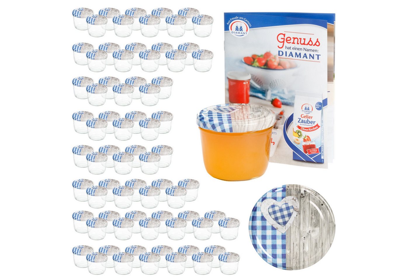 MamboCat Einmachglas 100 Sturzgläser 230 ml Deckel Herz Holz blaukariert Einmachglas, Glas von MamboCat