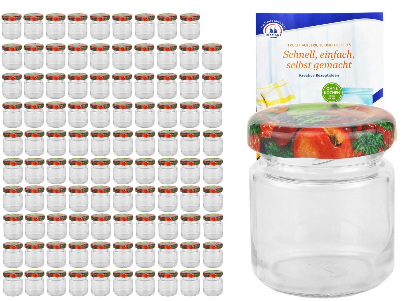 MamboCat Einmachglas 100er Set Sturzglas 53 ml To 43 Obst Dekor Deckel incl. Rezeptheft, Glas von MamboCat