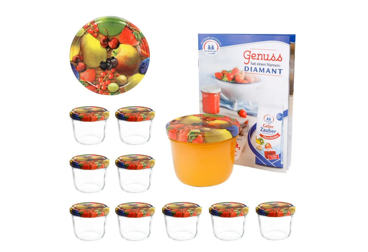 MamboCat Einmachglas 10er Set Sturzglas 230 ml To 82 Obst gelbe Birne Deckel Rezeptheft, Glas von MamboCat