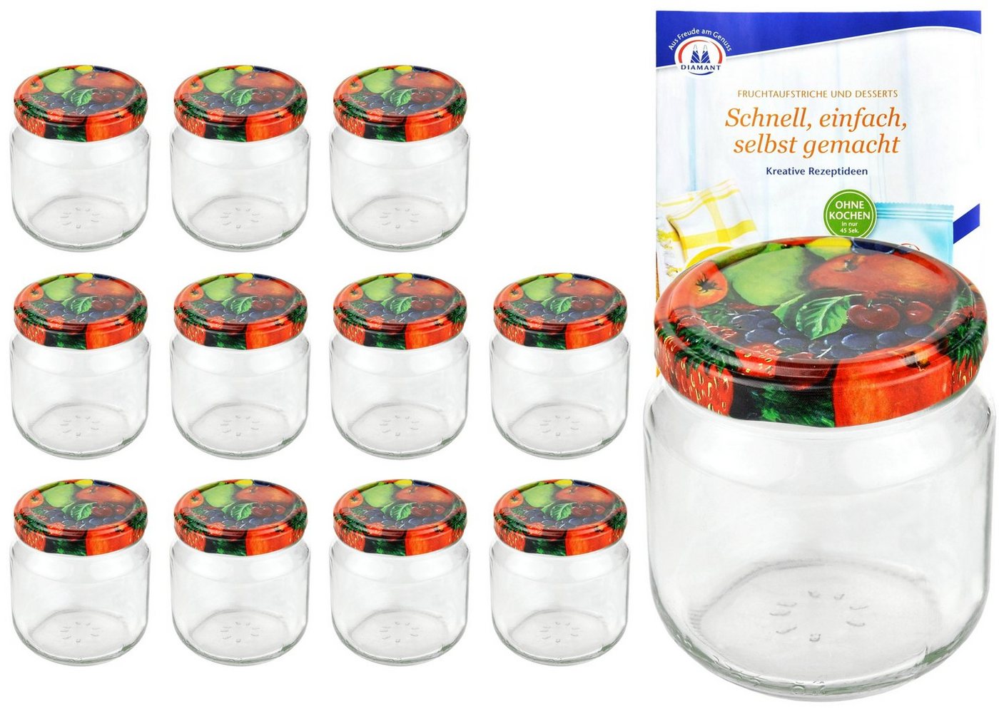 MamboCat Einmachglas 12er Set Rundglas 212 ml nieder To66 Obst Dekor Deckel incl Rezeptheft, Glas von MamboCat