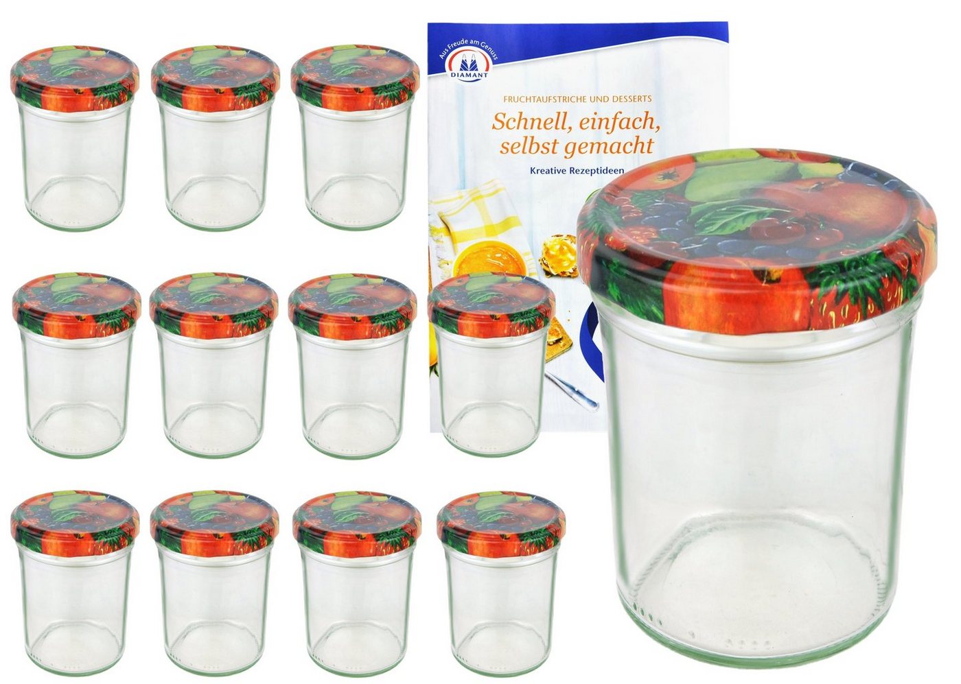 MamboCat Einmachglas 12er Set Sturzglas 230 ml HOCH To 66 Obst Dekor Deckel incl Rezeptheft, Glas von MamboCat