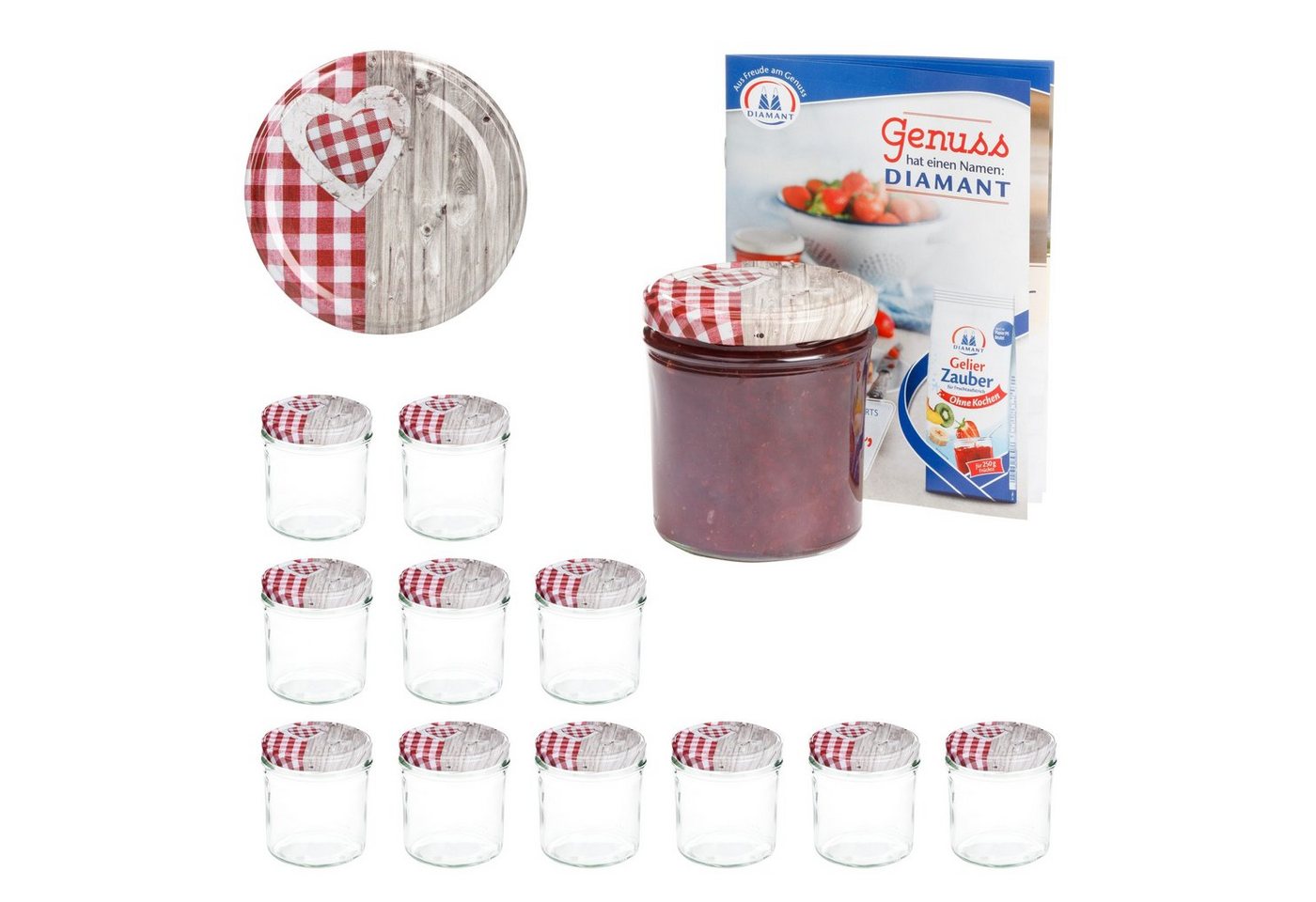 MamboCat Einmachglas 12er Set Sturzglas 350 ml To 82 Deckel Holz-Herz rot incl. Rezeptheft, Glas von MamboCat