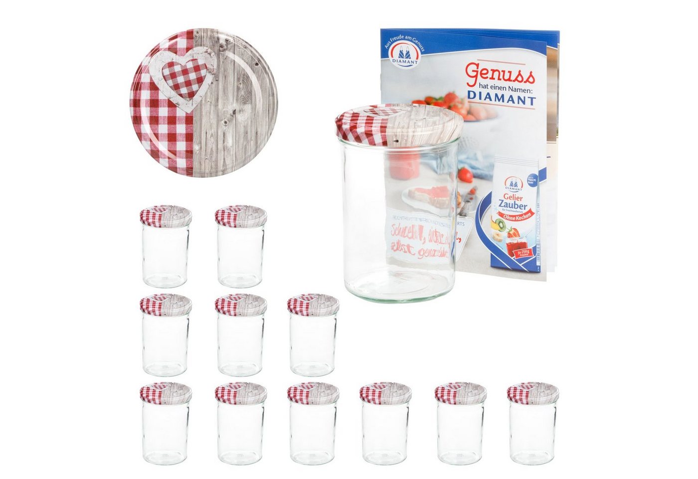 MamboCat Einmachglas 12er Set Sturzglas 435 ml To 82 Deckel Holz Herz rot incl. Rezeptheft, Glas von MamboCat