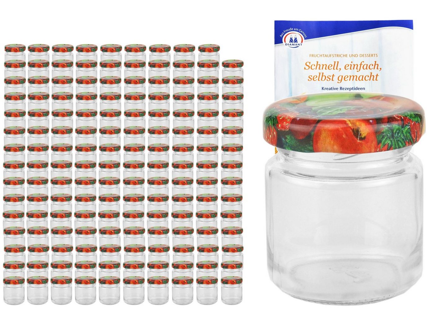 MamboCat Einmachglas 200er Set Sturzglas 53 ml To 43 Obst Dekor Deckel incl. Rezeptheft, Glas von MamboCat