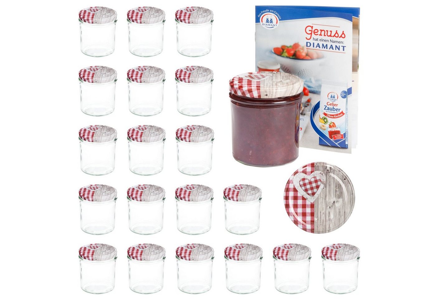 MamboCat Einmachglas 20er Set Sturzglas 350 ml To 82 Deckel Holz-Herz rot incl. Rezeptheft, Glas von MamboCat