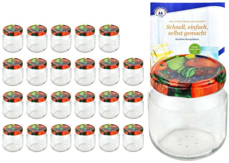 MamboCat Einmachglas 24er Set Rundglas 212 ml nieder To 66 Obst Dekor Deckel + Rezeptheft, Glas von MamboCat