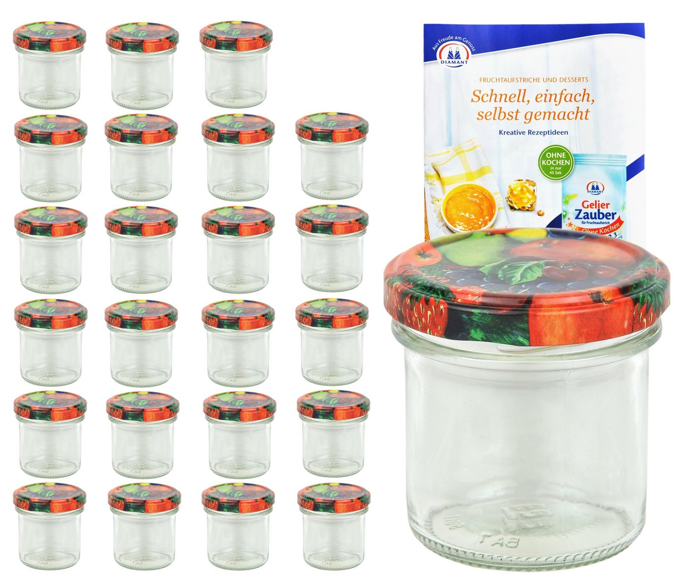 MamboCat Einmachglas 24er Set Sturzglas 167 ml To 66 Obst Dekor Deckel incl. Rezeptheft, Glas von MamboCat