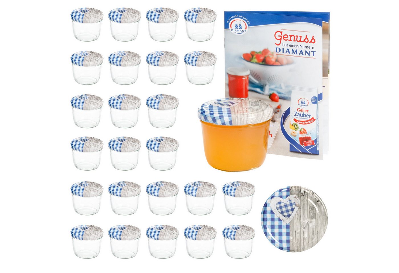 MamboCat Einmachglas 25 Sturzgläser 230 ml Deckel Herz Holz blaukariert Einmachglas, Glas von MamboCat