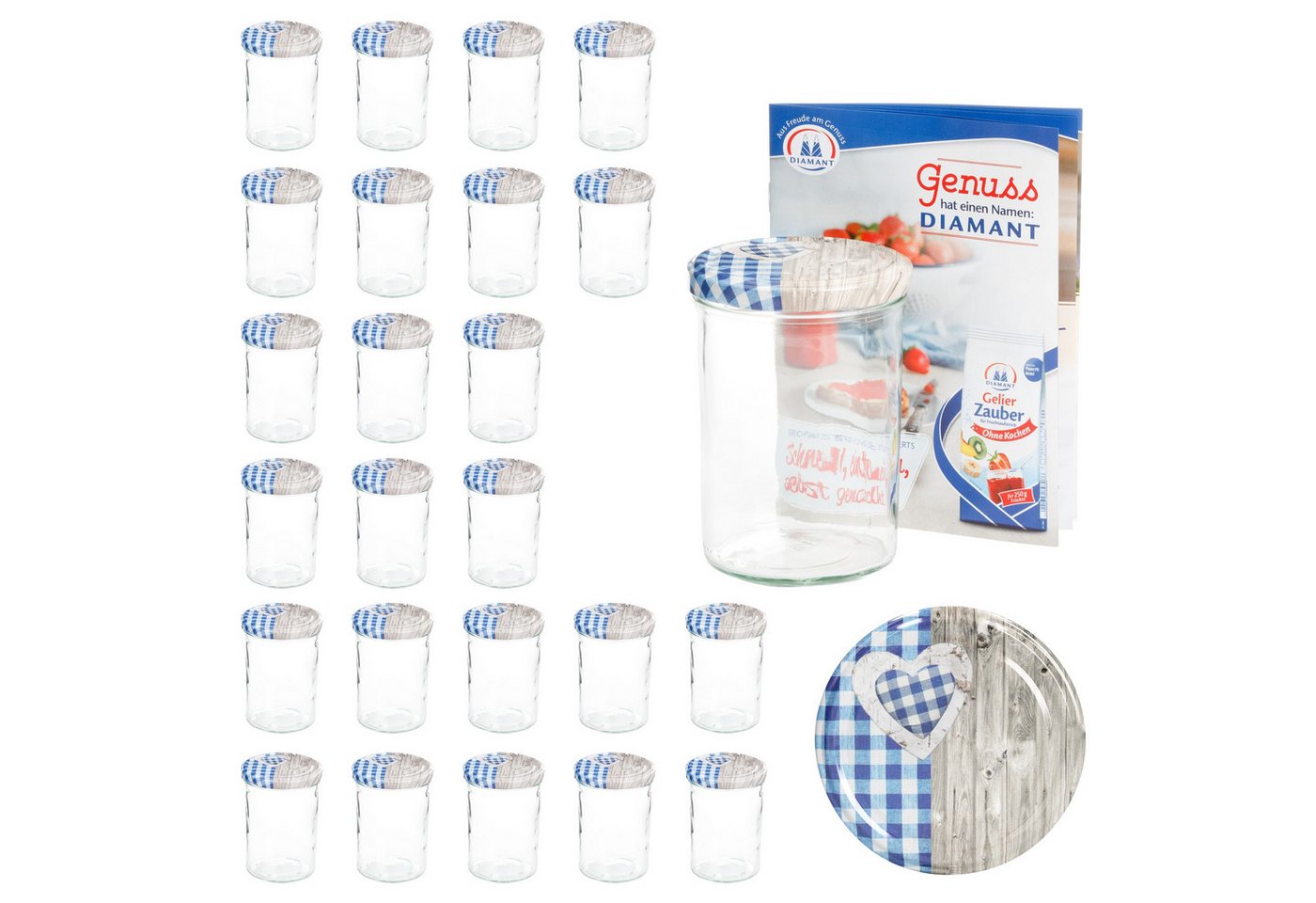 MamboCat Einmachglas 25 Sturzgläser 435 ml Deckel Herz Holz blaukariert Einmachglas, Glas von MamboCat