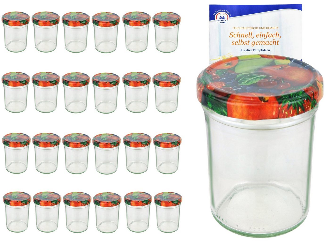 MamboCat Einmachglas 25er Set Sturzglas 230 ml HOCH To 66 Obst Dekor Deckel + Rezeptheft, Glas von MamboCat