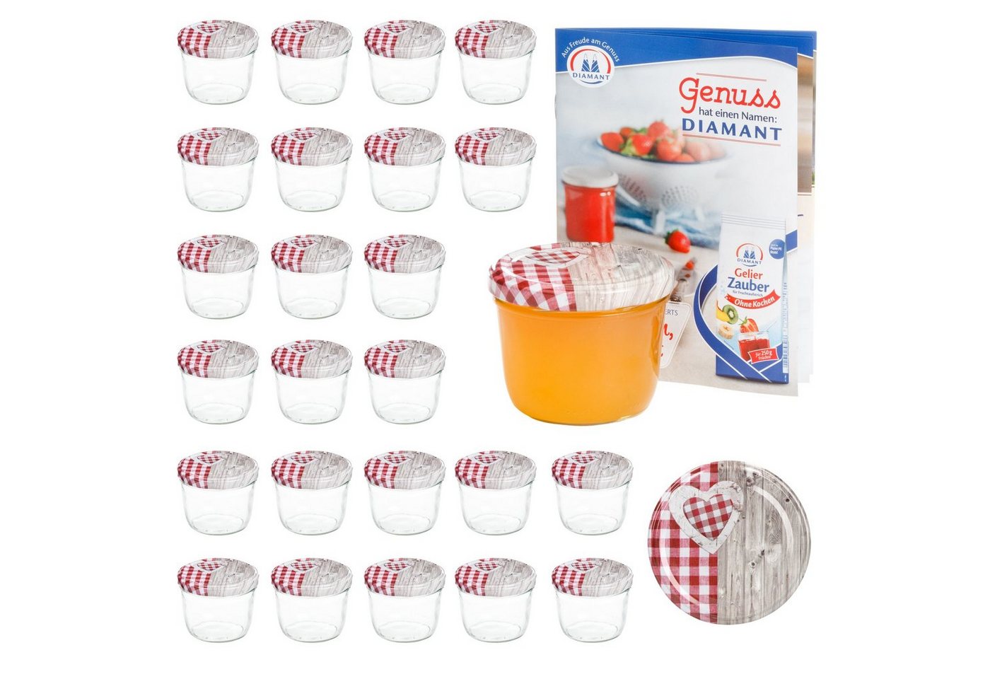 MamboCat Einmachglas 25er Set Sturzglas 230 ml To 82 Holz Herz rot Deckel incl. Rezeptheft, Glas von MamboCat