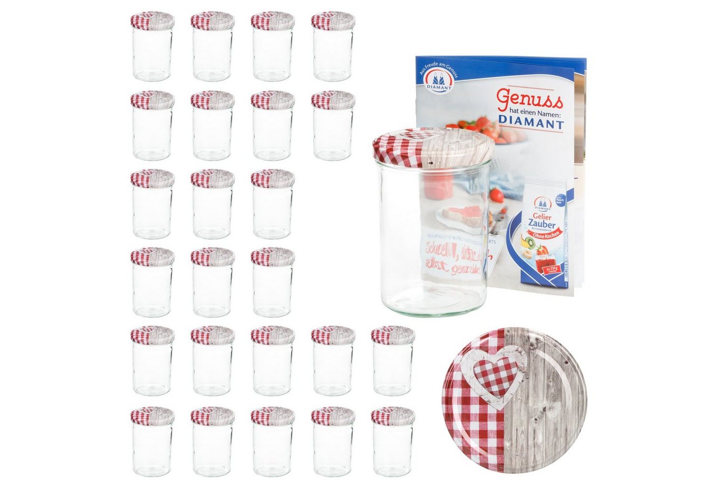 MamboCat Einmachglas 25er Set Sturzglas 435 ml To 82 Deckel Holz Herz rot incl. Rezeptheft, Glas von MamboCat