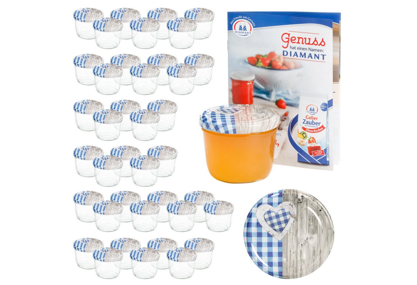 MamboCat Einmachglas 40 Sturzgläser 230 ml Deckel Herz Holz blaukariert Einmachglas, Glas von MamboCat