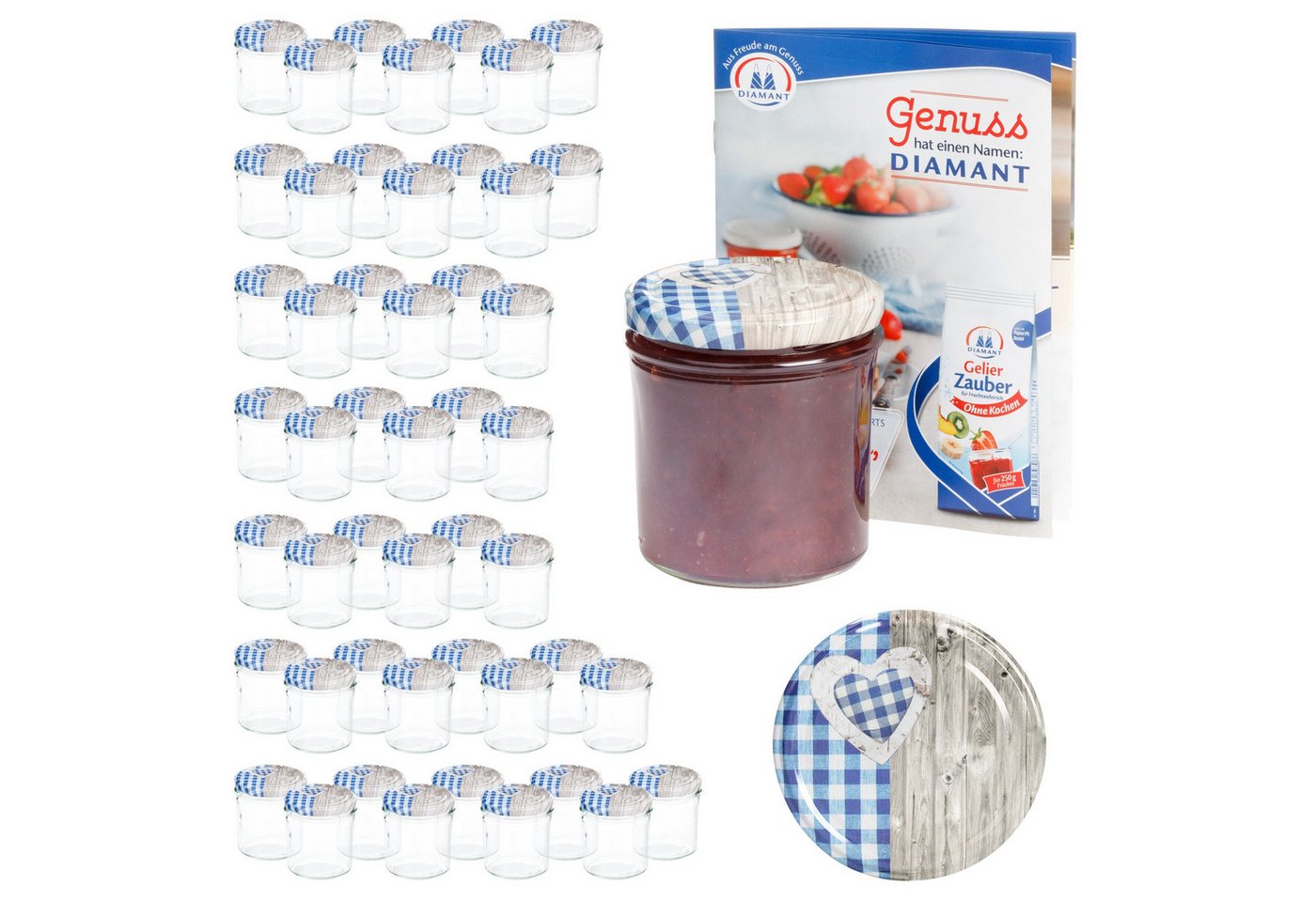 MamboCat Einmachglas 50 Sturzgläser 350 ml Deckel Herz Holz blaukariert Einmachglas, Glas von MamboCat