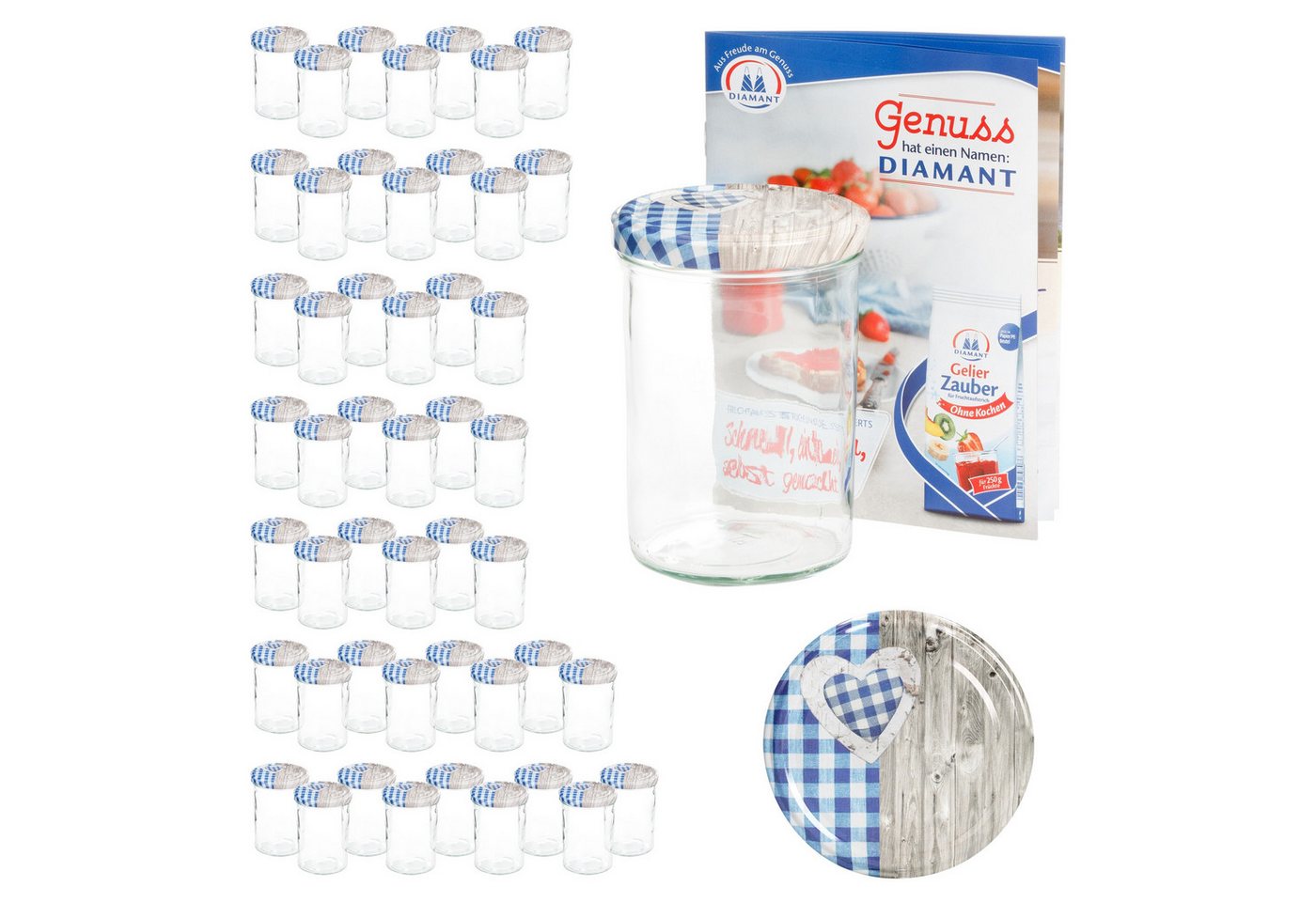 MamboCat Einmachglas 50 Sturzgläser 435 ml Deckel Herz Holz blaukariert Einmachglas, Glas von MamboCat