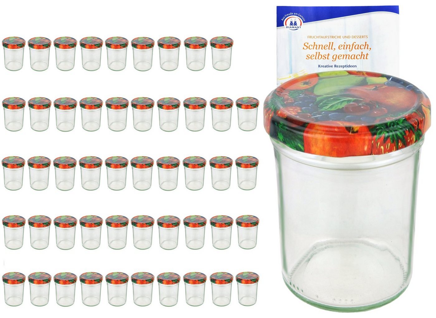 MamboCat Einmachglas 50er Set Sturzglas 230 ml HOCH To 66 Obst Dekor Deckel incl Rezeptheft, Glas von MamboCat