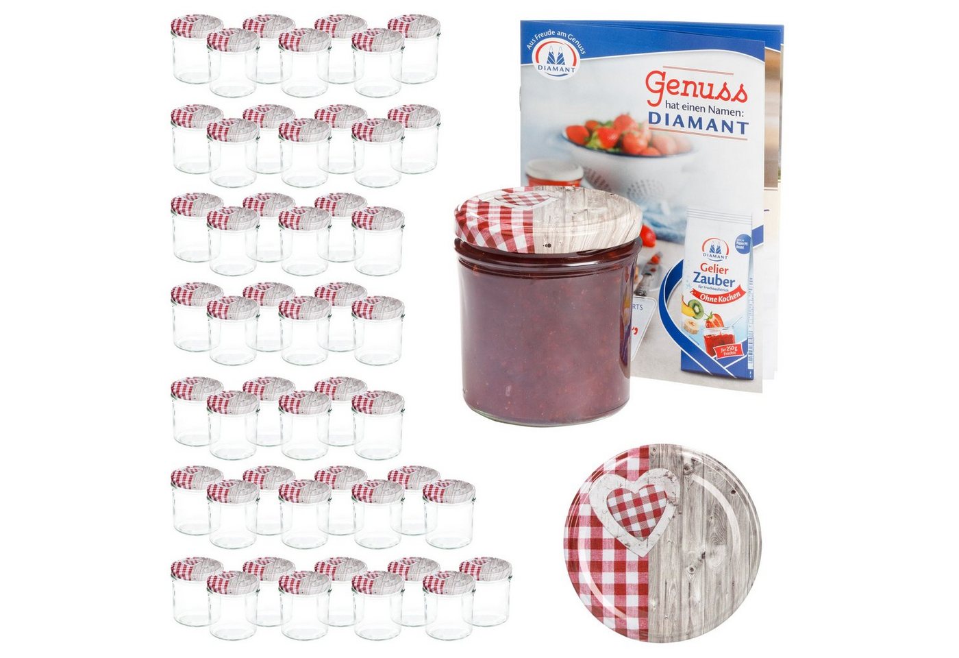 MamboCat Einmachglas 50er Set Sturzglas 350 ml To 82 Deckel Holz-Herz rot incl. Rezeptheft, Glas von MamboCat