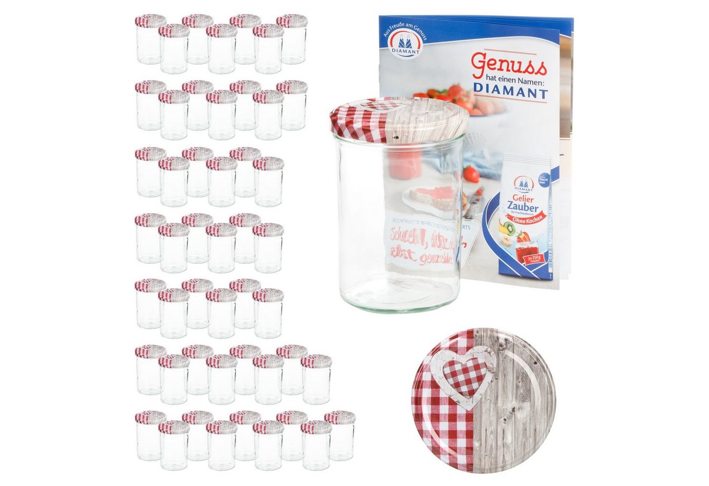 MamboCat Einmachglas 50er Set Sturzglas 435 ml To 82 Deckel Holz Herz rot incl. Rezeptheft, Glas von MamboCat