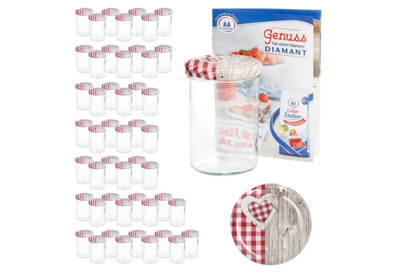 MamboCat Einmachglas 50er Set Sturzglas 435 ml To 82 Deckel Holz Herz rot incl. Rezeptheft, Glas von MamboCat