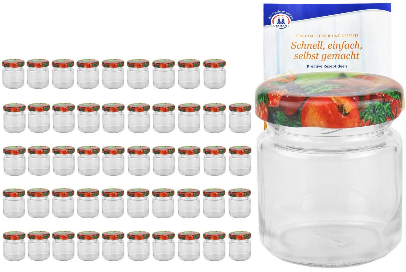 MamboCat Einmachglas 50er Set Sturzglas 53 ml To 43 Obst Dekor Deckel incl. Rezeptheft, Glas von MamboCat