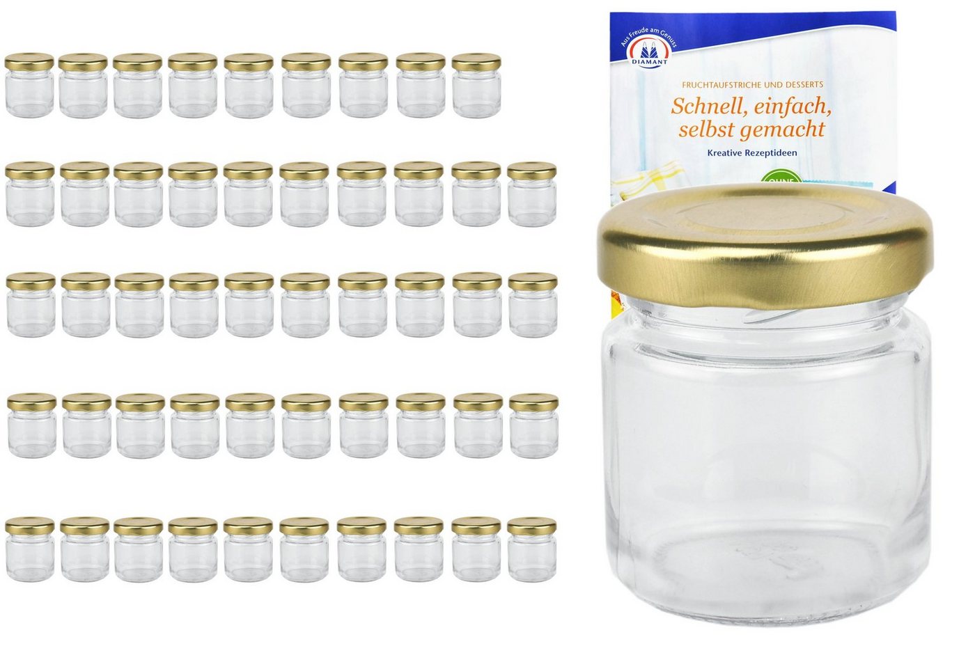 MamboCat Einmachglas 50er Set Sturzglas 53 ml To 43 goldener Deckel incl Diamant Rezeptheft, Glas von MamboCat