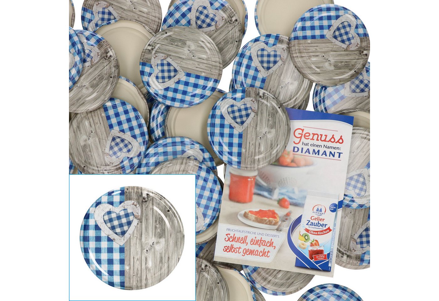 MamboCat Einmachglas 50er Sturzdeckelset TO82 Holz-Herz blau-weiß Twist-Off Ersatzdeckel, Metall von MamboCat