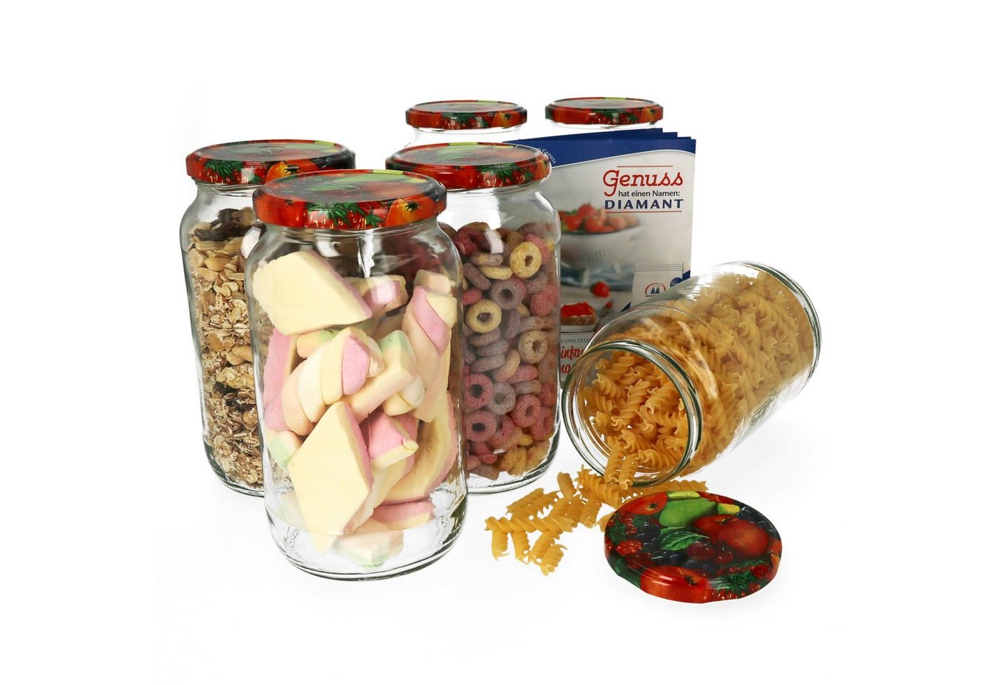 MamboCat Einmachglas 6er Set Rundglas 1062 ml To 82 Obst Deckel incl. Rezeptheft, Glas von MamboCat