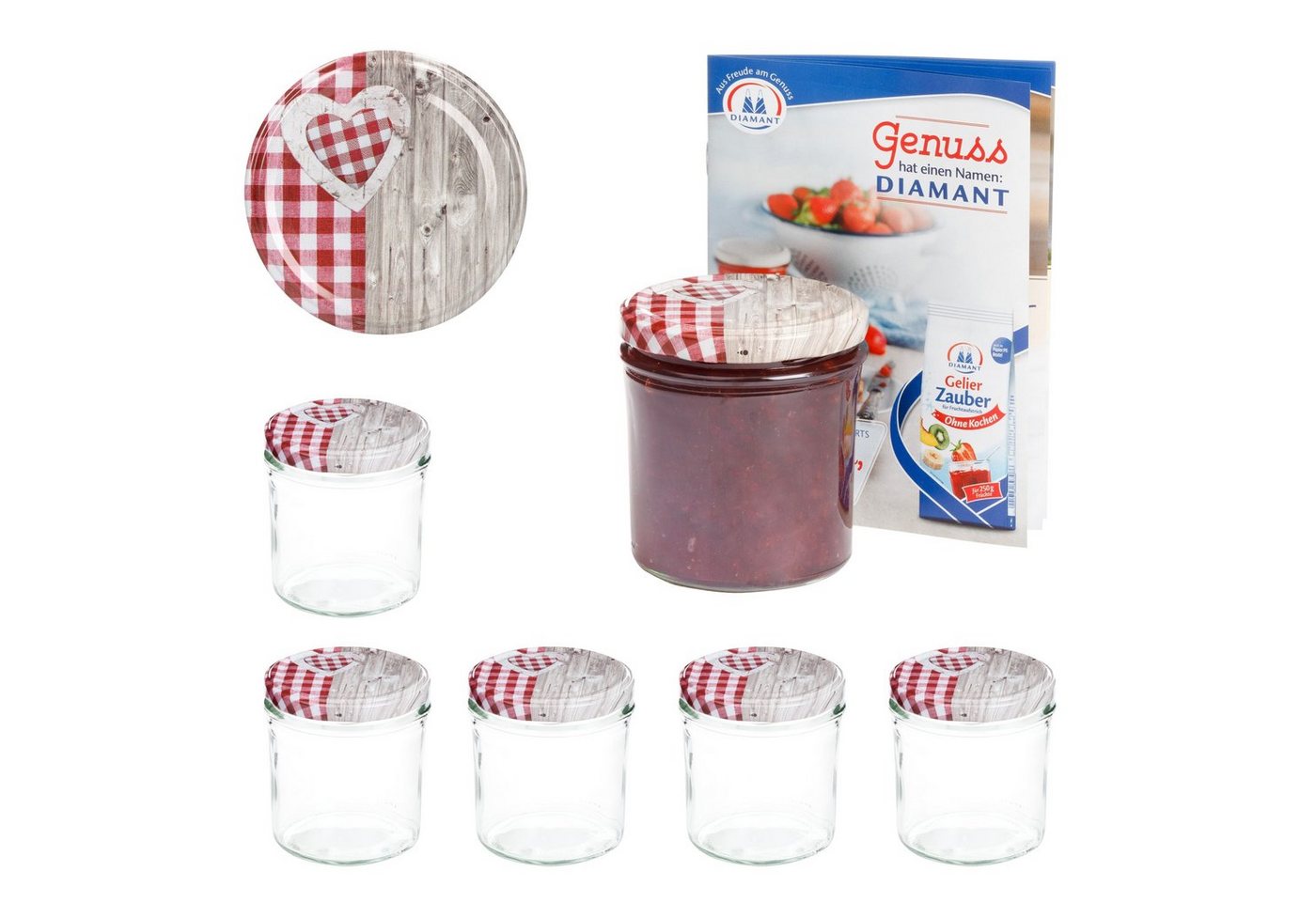 MamboCat Einmachglas 6er Set Sturzglas 350 ml To 82 Deckel Holz-Herz rot incl. Rezeptheft, Glas von MamboCat