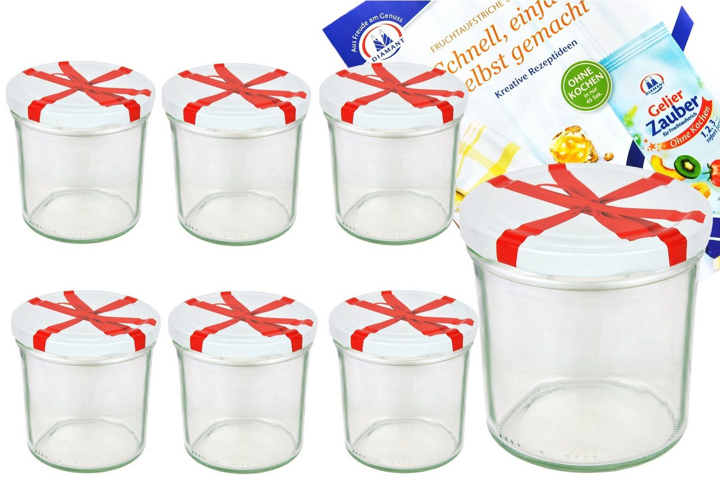 MamboCat Einmachglas »6er Set Sturzglas 350 ml To 82 Schleifendekor Deckel incl. Diamant Gelierzauber Rezeptheft« von MamboCat