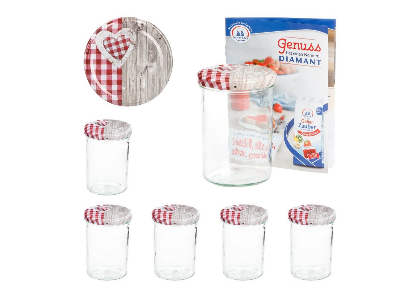 MamboCat Einmachglas 6er Set Sturzglas 435 ml To 82 Deckel Holz Herz rot incl. Rezeptheft, Glas von MamboCat