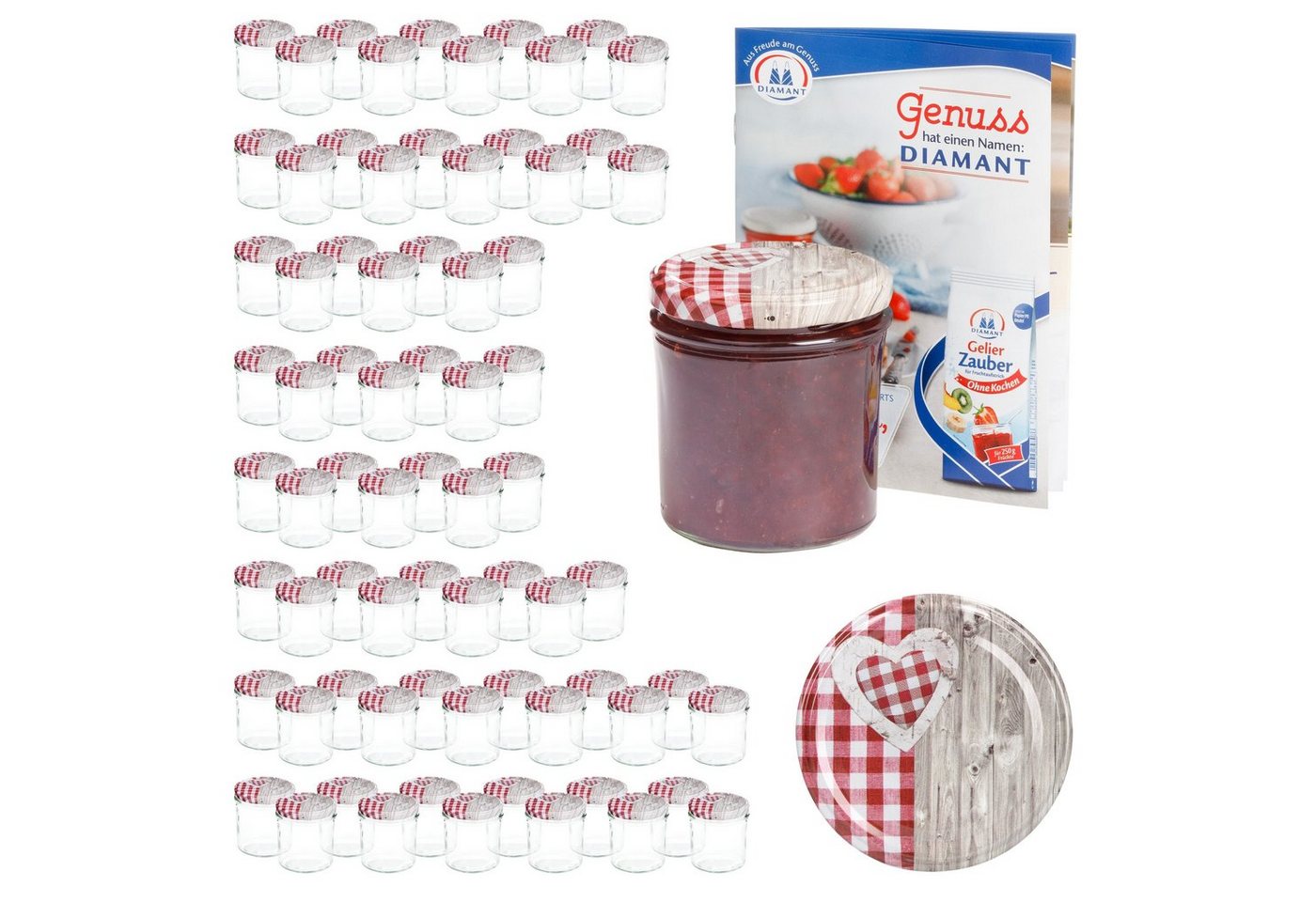 MamboCat Einmachglas 75er Set Sturzglas 350 ml To 82 Deckel Holz-Herz rot incl. Rezeptheft, Glas von MamboCat