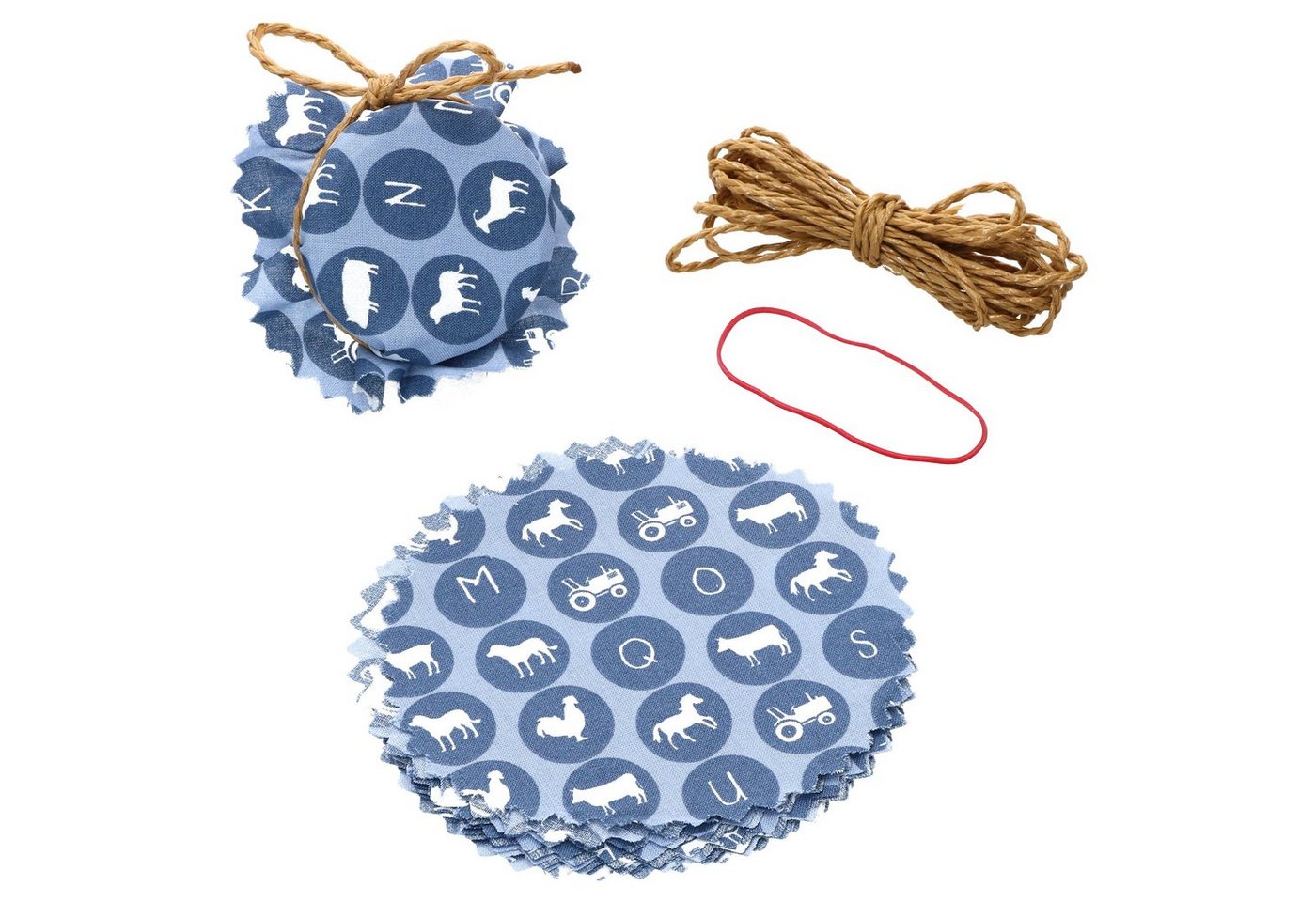 MamboCat Einmachglas Sturzglas Stoffdeckchen 10 Stück Bauernhof grau Gummiband Jute-Schnur, Baumwolle von MamboCat